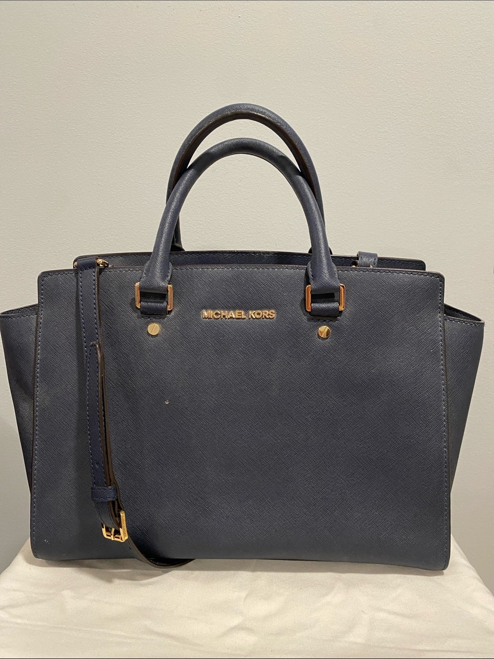 Michael Kors Navy Saffiano Satchel with Gold Hardware